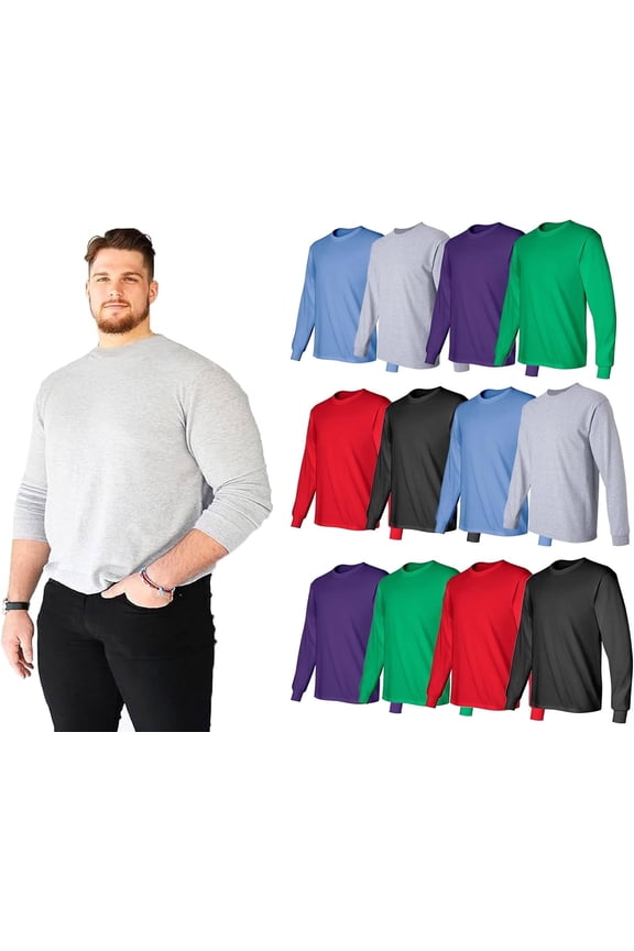 Big & Tall Long Sleeve Colorful T-Shirts for Mens Cotton Blend - Crew Neck Bulk Tees Wholesale Packs
