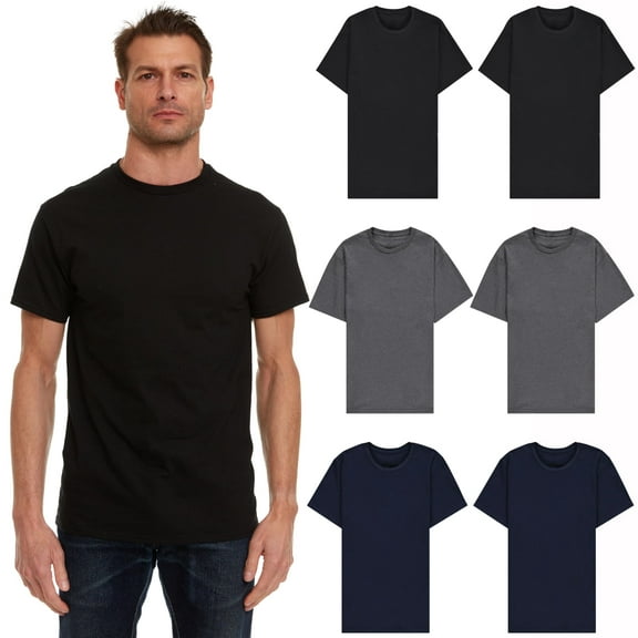 BILLIONHATS 6 Pack Men's Solid Colors Cotton T-Shirts Short Sleeve Lightweight Tees, Bulk Black, Gray and Navy, Size X-Large