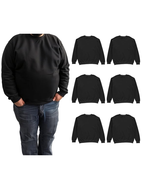 6 Pack Mens Big and Tall - Adult Crewneck Fleece Lined Pullover Sweatshirts Bulk, Wholesale Multipack for Plus Size Men (3X-Large)