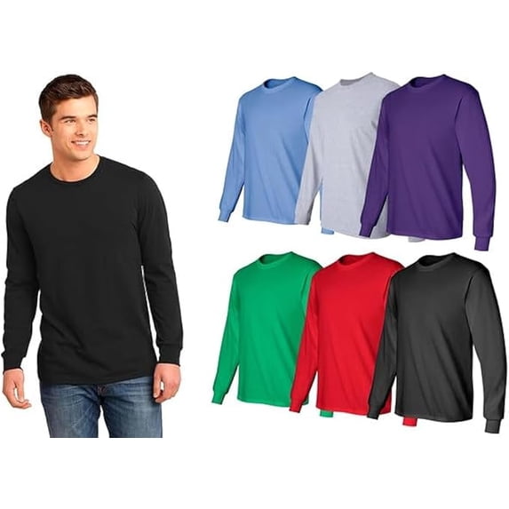 BILLIONHATS 6 Pack Mens Long Sleeve Colorful T-Shirts, Cotton - Crew Neck Bulk Tees for Men, Wholesale Sleeved Tshirt Packs