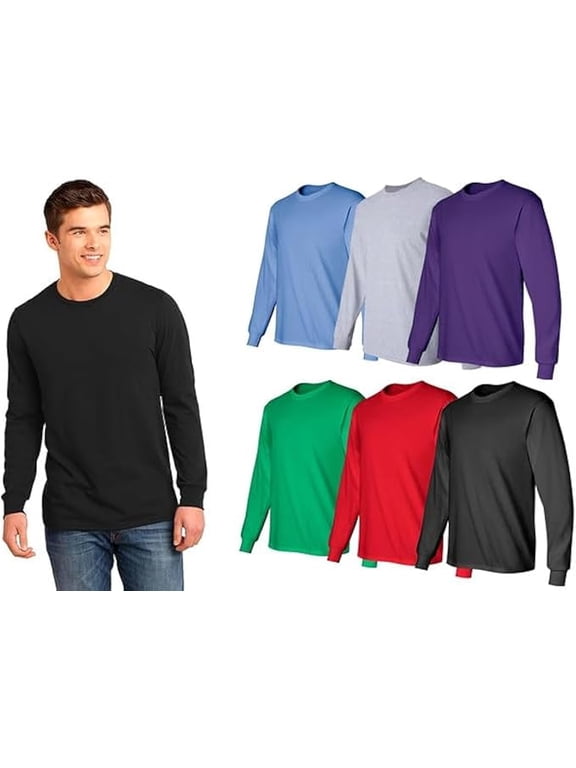 6 Pack Mens Long Sleeve Colorful T-Shirts, Cotton Blend - Crew Neck Bulk Tees for Men, Wholesale Sleeved Tshirt Packs