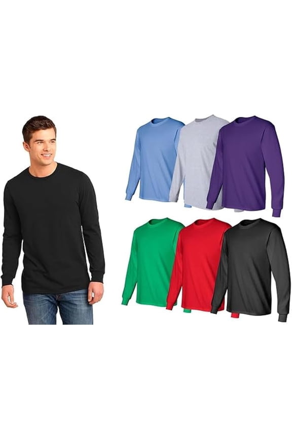 6 Pack Mens Long Sleeve Colorful T-Shirts, Cotton Blend - Crew Neck Bulk Tees for Men, Wholesale Sleeved Tshirt Packs