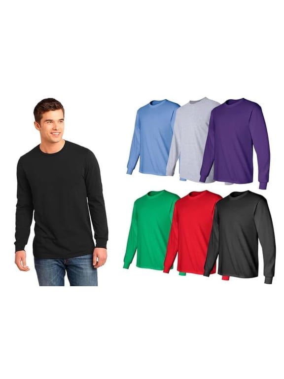 6 Pack Mens Long Sleeve Colorful T-Shirts, Cotton Blend - Crew Neck Bulk Tees for Men, Wholesale Sleeved Tshirt Packs