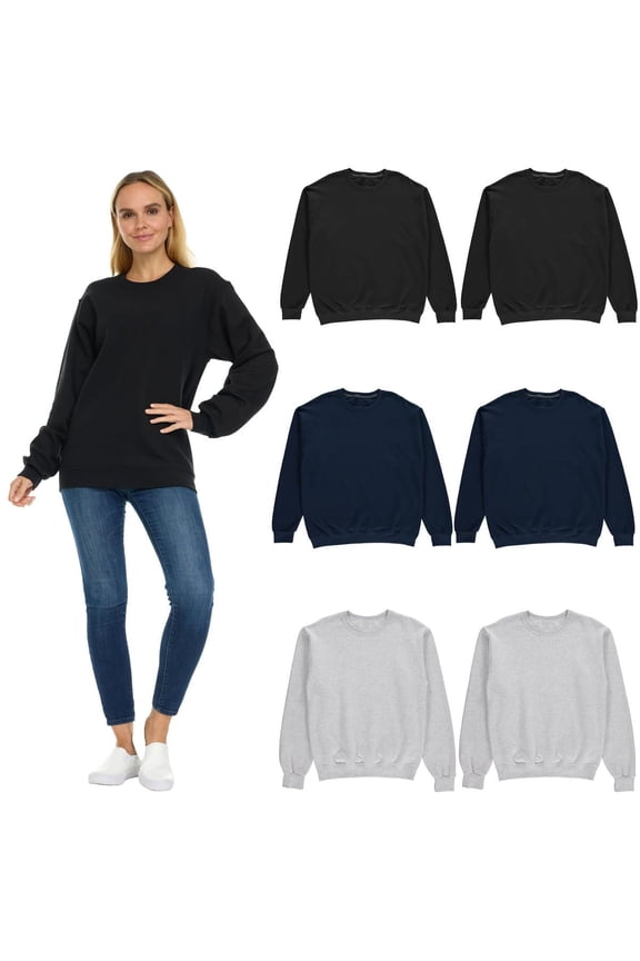 6 Pack Women’s Oversized Crew Neck Sweatshirt, Fleece Lined, Bulk Wholesale Sweatshirts for Charities & Events (6 Pack Assorted Black, Gray, Navy Blue, X-Large)