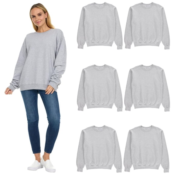 BILLIONHATS 6 Pack Women’s Oversized Crew Neck Sweatshirt, Fleece Lined, Bulk Wholesale Sweatshirts for Charities & Events (Gray, Large)