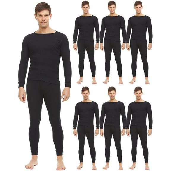 BILLIONHATS 6 Pack of 2pc Thermal Sets for Men, Base Layer Long Johns Underwear, Top & Bottom, Cotton, Solid Colors (Large, Black)
