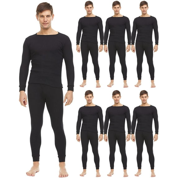 BILLIONHATS 6 Pack of 2pc Thermal Sets for Men, Base Layer Long Johns Underwear, Top & Bottom, Cotton, Solid Colors (X-Large, Black)