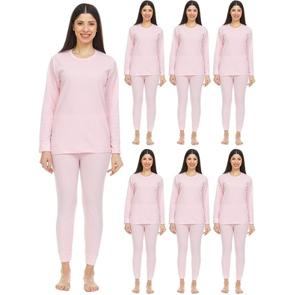 BILLIONHATS 6 Pack of 2pc Thermal Sets for Woman, Base Layer Long Johns Underwear, Top & Bottom, Cotton, Solid Colors (Small, Pink)