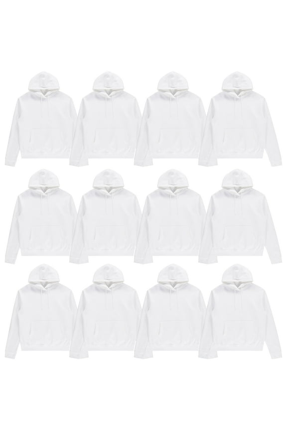 72-Pack Wholesale Hoodies, Unisex Cotton Blend, White, Mixed Sizes, Bulk Adult for Homeless Donation Shelters.