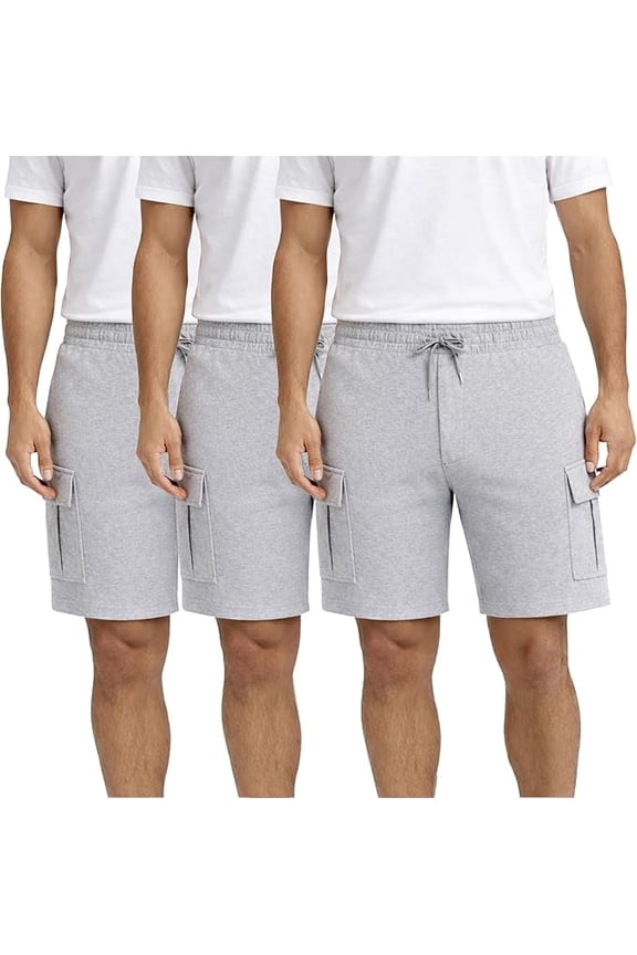 3 Pack Men’s 5 Pocket Fleece Cargo Shorts, Cotton, Drawstring, Bulk Athletic Lounge Shorts, HHeather Grey, Size X-Large