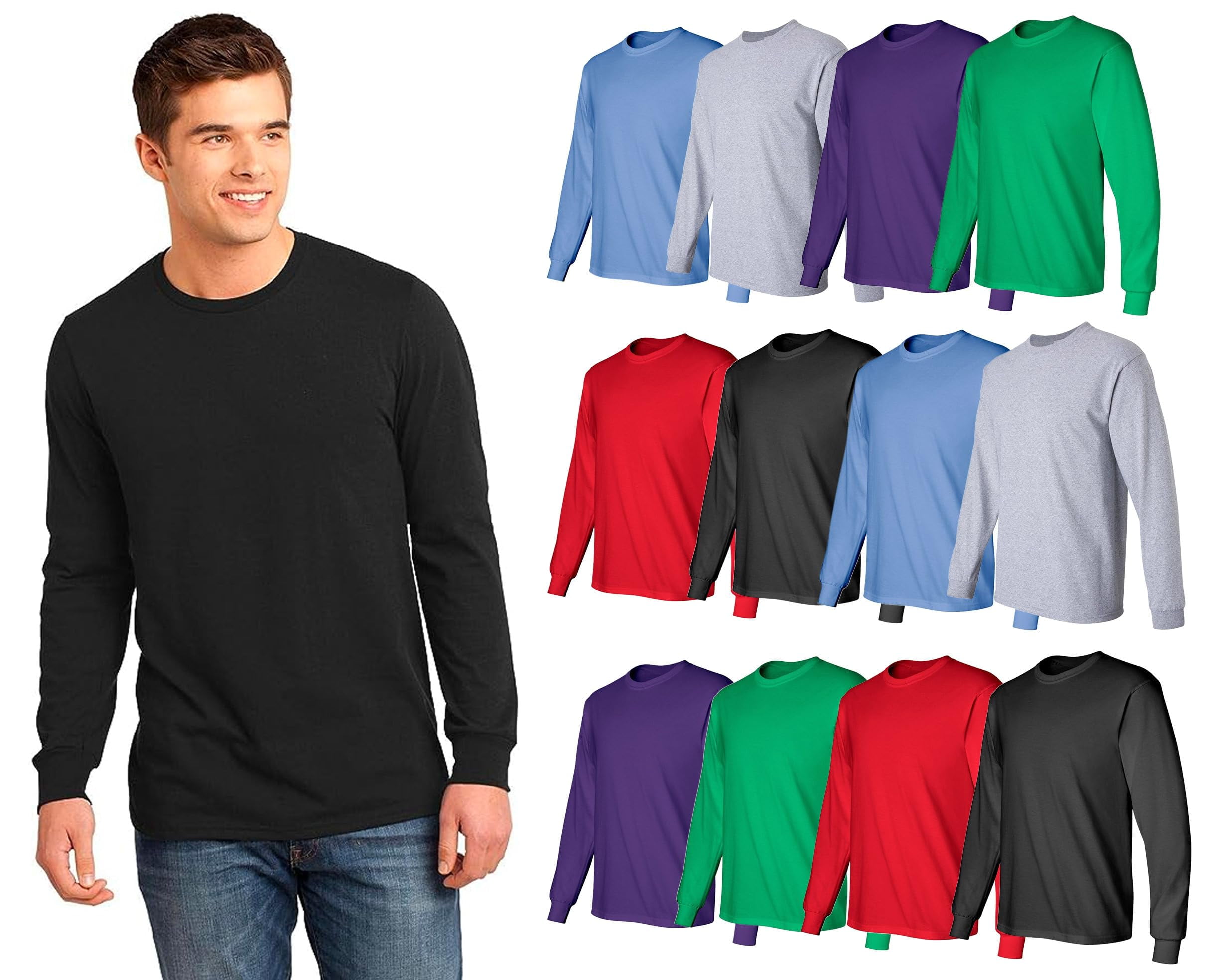 BILLIONHATS 12 Pack Mens Long Sleeve Colorful T-Shirts, 100% Cotton - Crew  Neck Bulk Tees for Men, Wholesale Sleeved Tshirt Packs, 5X-Large