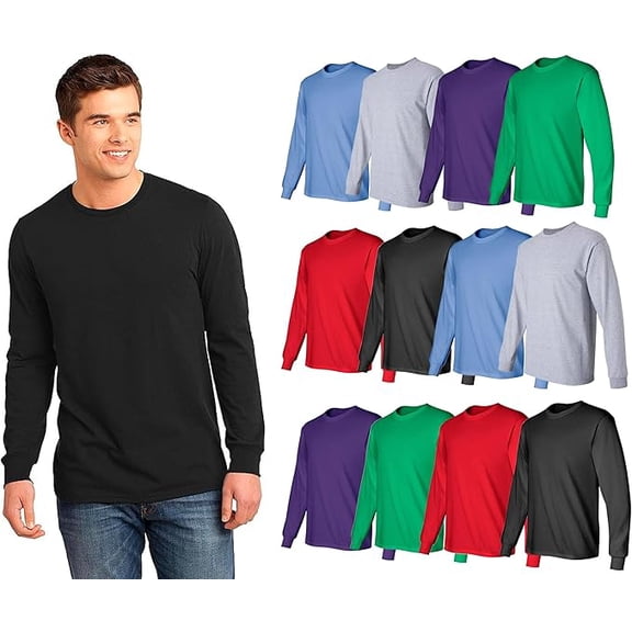 BILLIONHATS Mens Long Sleeve Colorful T-Shirts, Cotton - Crew Neck Bulk Tees for Men, Wholesale Sleeved Tshirt Packs, XX-Large