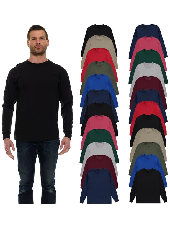24 Pack Mens Long Sleeve Dark Colorful T-Shirts, Cotton Blend - Crew Neck Bulk Tees for Men, Wholesale Sleeved T-Shirt - Size Large
