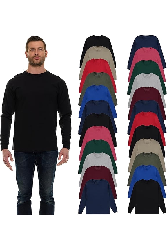 24 Pack Mens Long Sleeve Dark Colorful T-Shirts, Cotton - Crew Neck Bulk Tees for Men, Wholesale Sleeved T-Shirt - Size Medium