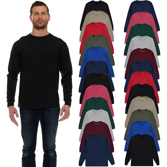 BILLIONHATS 24 Pack Mens Long Sleeve Dark Colorful T-Shirts, Cotton Blend - Crew Neck Bulk Tees for Men, Wholesale Sleeved T-Shirt - Size X-Large