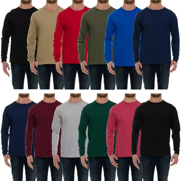 BILLIONHATS 12 Pack Mens Long Sleeve Dark Colorful T-Shirts, Cotton Blend - Crew Neck Bulk Tees for Men, Wholesale Sleeved Tshirt Packs - Size Large
