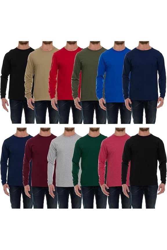 12 Pack Mens Long Sleeve Dark Colorful T-Shirts, Cotton Blend - Crew Neck Bulk Tees for Men, Wholesale Sleeved Tshirt Packs - Size X-Large