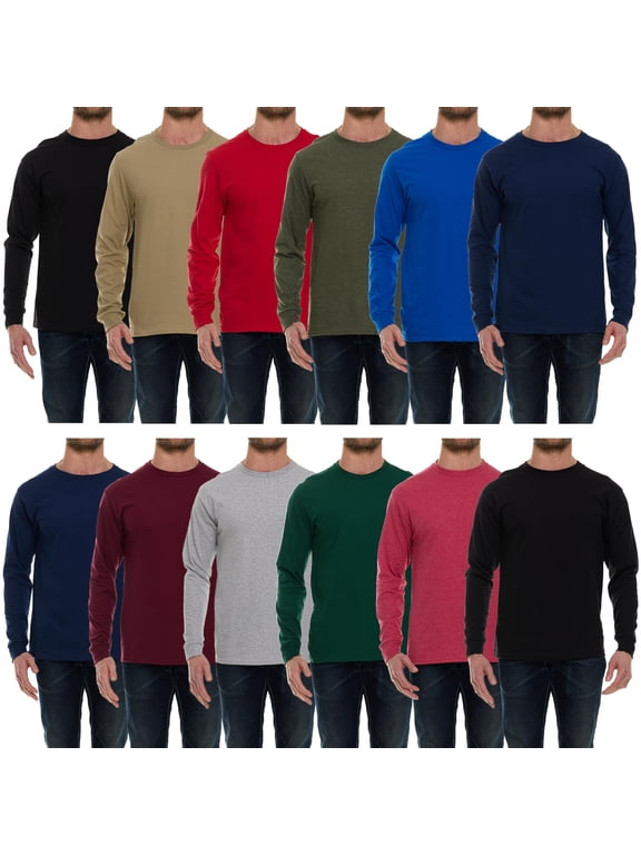 12 Pack Mens Long Sleeve Dark Colorful T-Shirts, Cotton Blend - Crew Neck Bulk Tees for Men, Wholesale Sleeved Tshirt Packs - Size X-Large