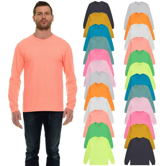 BILLIONHATS 24 Pack Mens Long Sleeve Light Colorful T-Shirts, Cotton - Crew Neck Bulk Tees for Men, Wholesale Sleeved T-Shirt - Size Large
