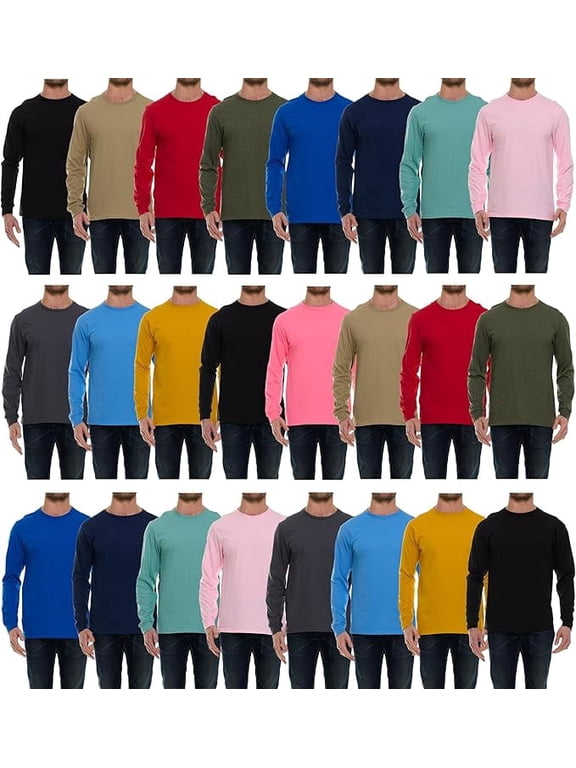 Mens Long Sleeve Light and Dark Colorful T-Shirts, Cotton Blend - Crew Neck Bulk Tees for Men, Wholesale Sleeved T-Shirt 24 Packs - Size Medium