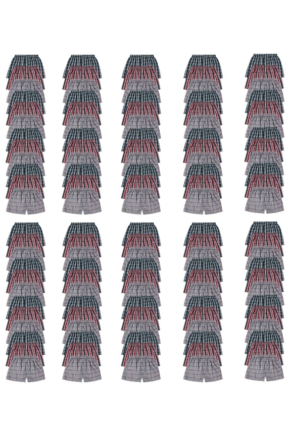 120 Pack Wholesale Men's Tag Free Woven Boxer Shorts, Relaxed Fit, Underwear Bulk for Men, Donations Shelters Assorted Color Cases (Large)