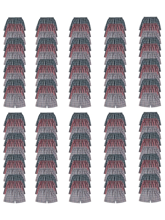 120 Pack Wholesale Men's Tag Free Woven Boxer Shorts, Relaxed Fit, Underwear Bulk for Men, Donations Shelters Assorted Color Cases (Large)