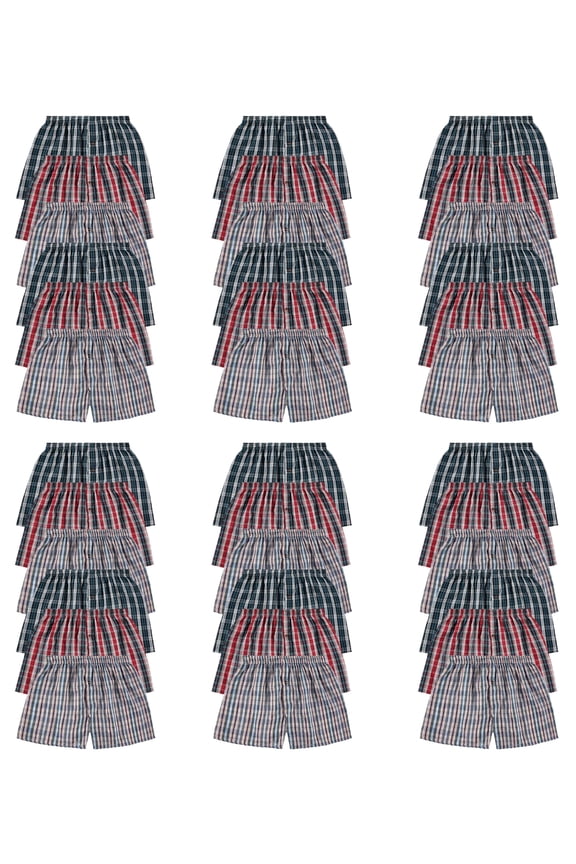 36 Pack of Wholesale Men's Tag Free Woven Boxer Shorts, Relaxed Fit, Underwear Bulk for Men, Donations Shelters Assorted Color Cases (X-Large)