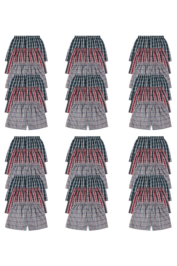 36 Pack of Wholesale Men's Tag Free Woven Boxer Shorts, Relaxed Fit, Underwear Bulk for Men, Donations Shelters Assorted Color Cases (Small)