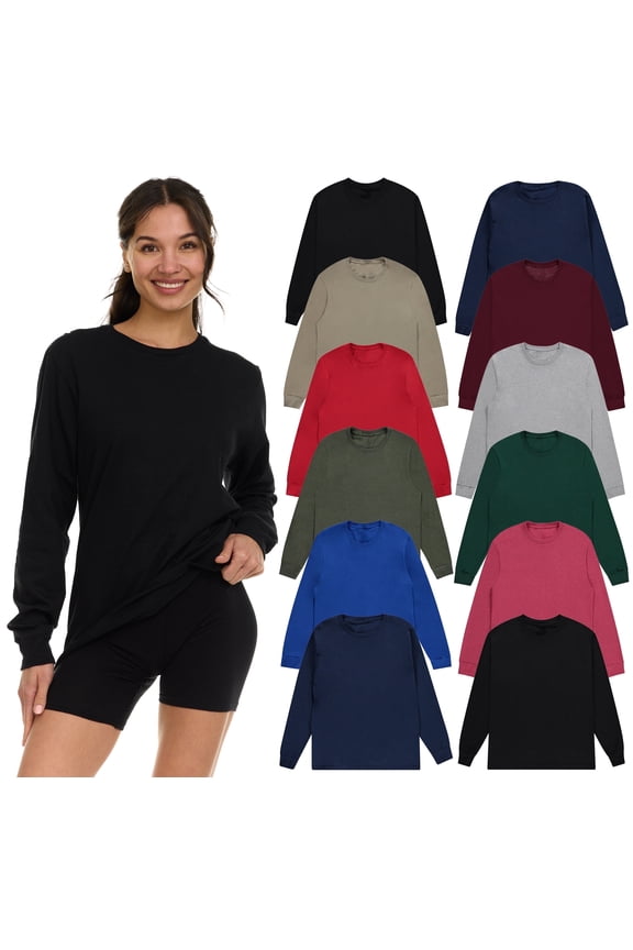 Womens Long Sleeve Oversized T-Shirts, Cotton Casual Fit Sleeved Tees Tops – Baggy Style Bulk Wholesale Tshirt Packs (12 Pack Dark, Size-5X-Large)