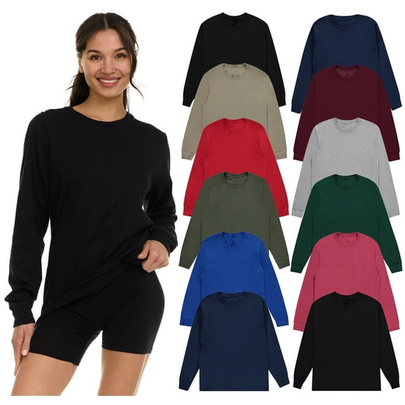 BILLIONHATS Womens Long Sleeve Oversized T-Shirts, Cotton Casual Fit Sleeved Tees Tops – Baggy Style Bulk Wholesale Tshirt Packs (12 Pack Dark, Size-Small)