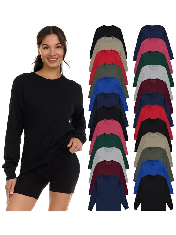 Womens Long Sleeve Oversized T-Shirts, Cotton Casual Fit Sleeved Tees Tops – Baggy Style Bulk Wholesale Tshirt Packs (24 Pack Dark, Size-Large)