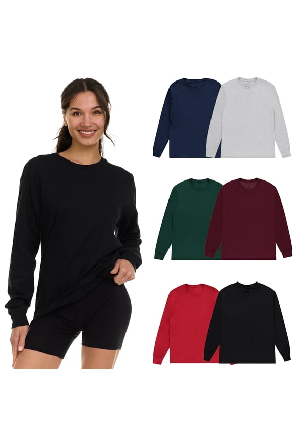 Womens Long Sleeve Oversized T-Shirts, Cotton Casual Fit Sleeved Tees Tops – Baggy Style Bulk Wholesale Tshirt Packs (6 Pack Assorted, Size-Large)