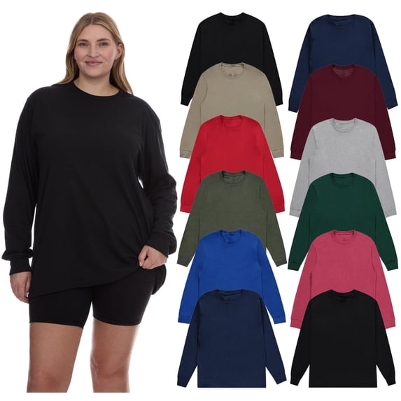 BILLIONHATS Womens Long ize Long Sleeve Oversized T-Shirts, Cotton Casual Fit Sleeved Tees Tops – Baggy Style Bulk Wholesale Tshirt Packs (12 Pack Dark, Size-Small)