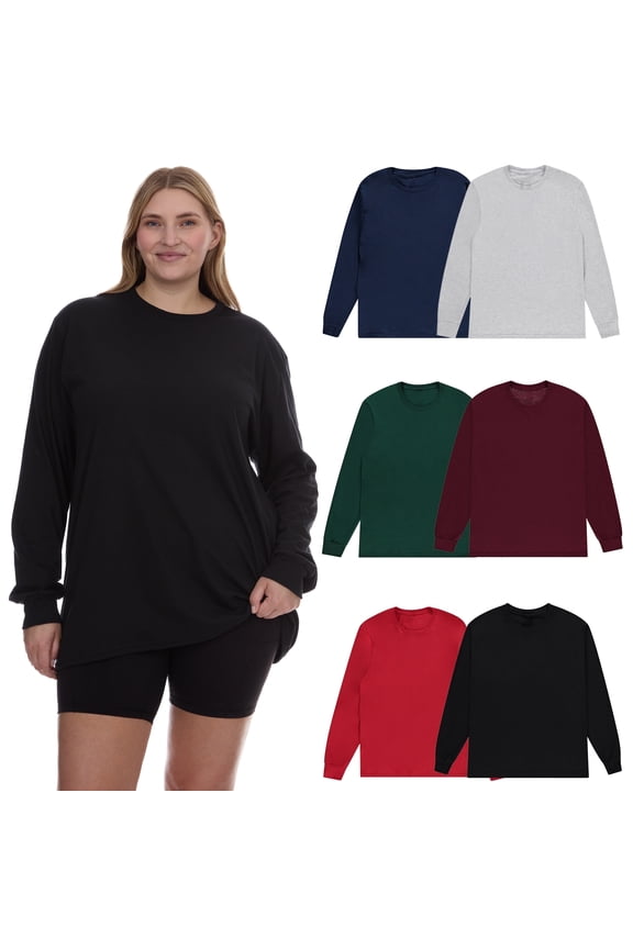 Womens Long ize Long Sleeve Oversized T-Shirts, Cotton Casual Fit Sleeved Tees Tops – Baggy Style Bulk Wholesale Tshirt Packs (6 Pack Assorted, Size-3X-Large)