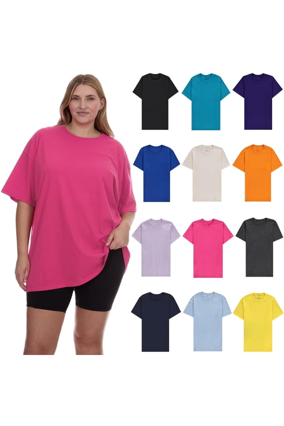 12 Pack Womens Oversized Cotton T-Shirts, Crew Neck Short Sleeve Baggy Loose Tops Oversize Tees Color Assorted, Size 3X-Large