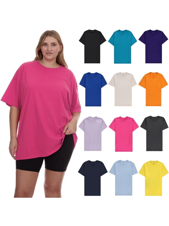 12 Pack Womens Oversized Cotton T-Shirts, Crew Neck Short Sleeve Baggy Loose Tops Oversize Tees Color Assorted, Size 5X-Large
