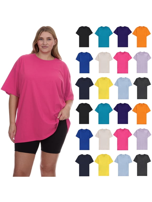 24 Pack Womens Oversized Cotton T-Shirts, Crew Neck Short Sleeve Baggy Loose Tops Oversize Tees Color Assorted, Size 5X-Large