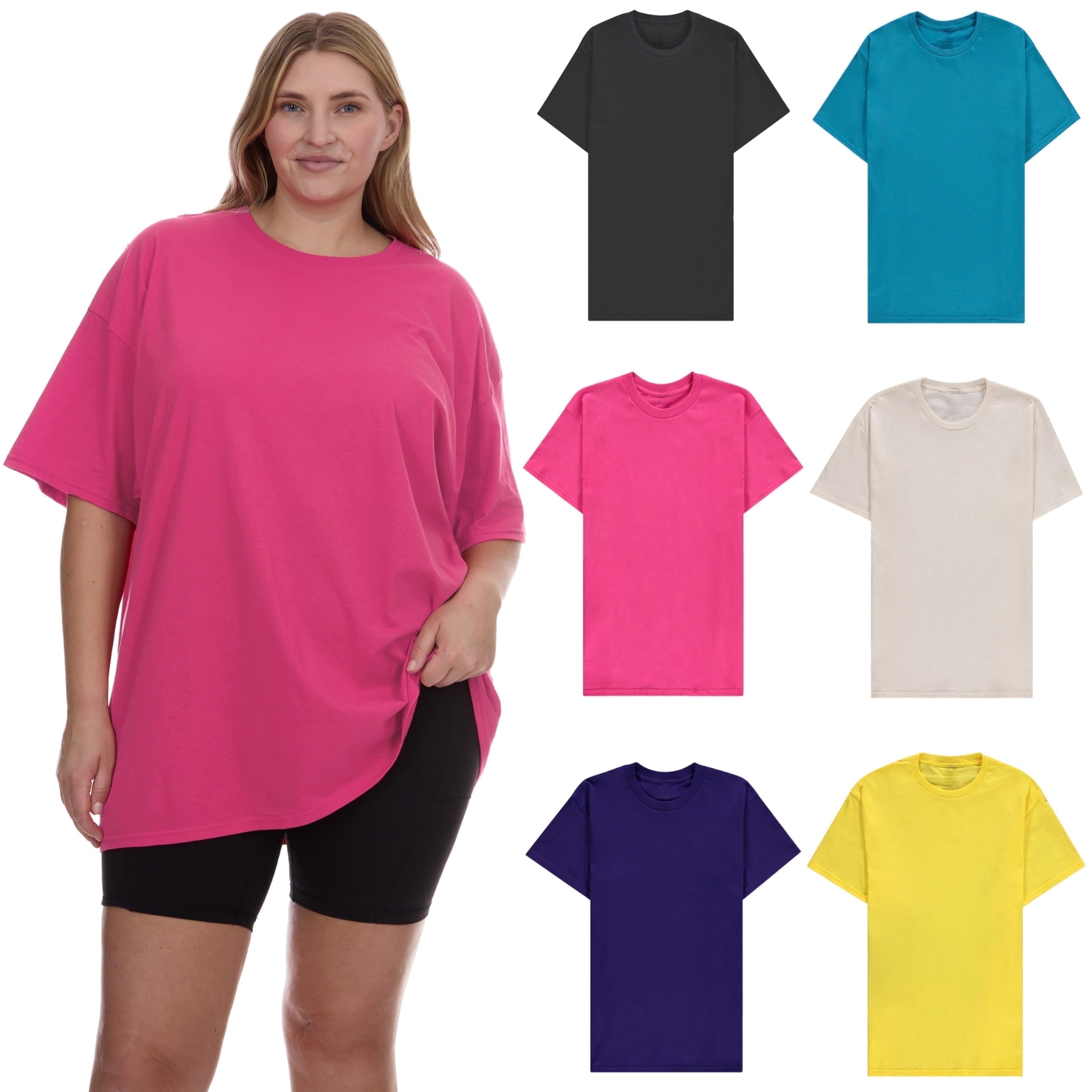 BILLIONHATS 6 Pack Womens Oversized Cotton T-Shirts, Crew Neck Short Sleeve Baggy Loose Tops Oversize Tees Color Assorted, Size 5X-Large