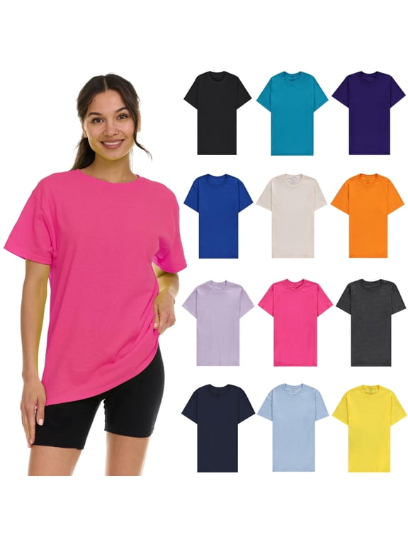 12 Pack Womens Oversized Cotton T-Shirts, Crew Neck Short Sleeve Baggy Loose Tops Oversize Tees Color Assorted, Size Large