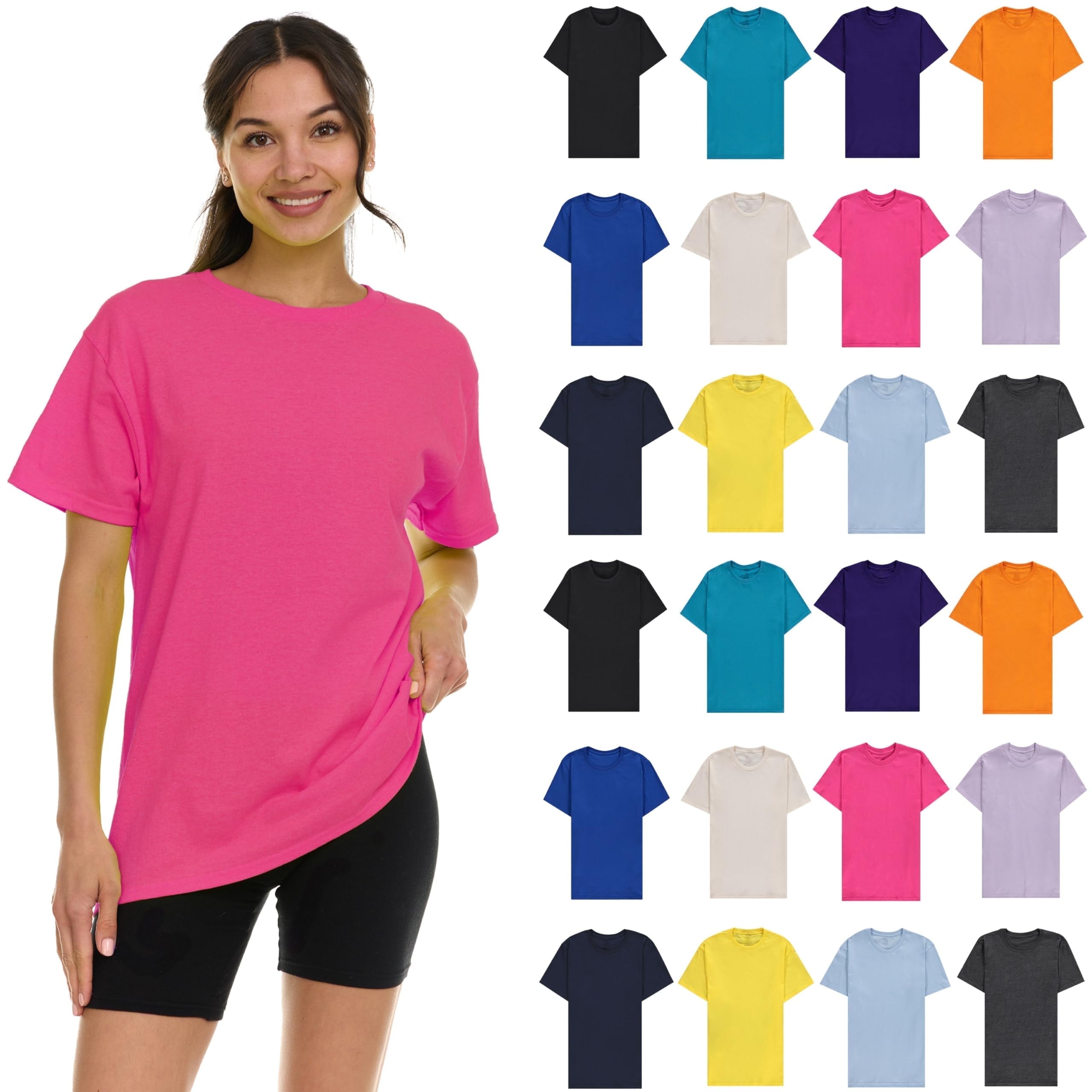 BILLIONHATS 24 Pack Womens Oversized Cotton T-Shirts, Crew Neck Short Sleeve Baggy Loose Tops Oversize Tees Color Assorted, Size Large