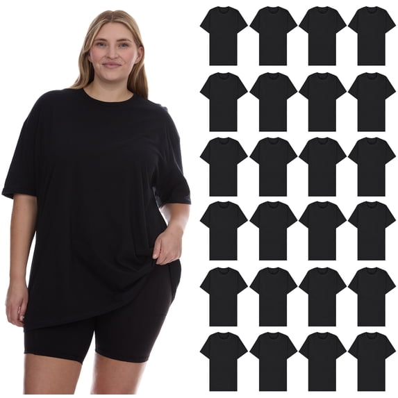 BILLIONHATS 24 Pack Womens Oversized Cotton T-Shirts, Crew Neck Short Sleeve Baggy Loose Tops Oversize Tees Color Black, Size 2X-Large