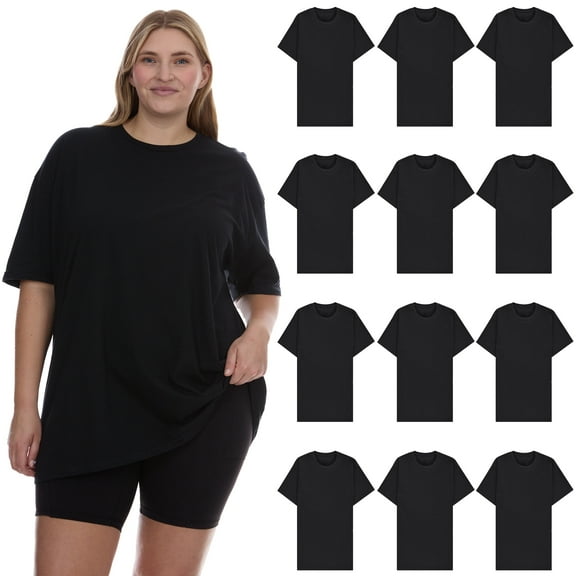 BILLIONHATS 12 Pack Womens Oversized Cotton T-Shirts, Crew Neck Short Sleeve Baggy Loose Tops Oversize Tees Color Black, Size 3X-Large