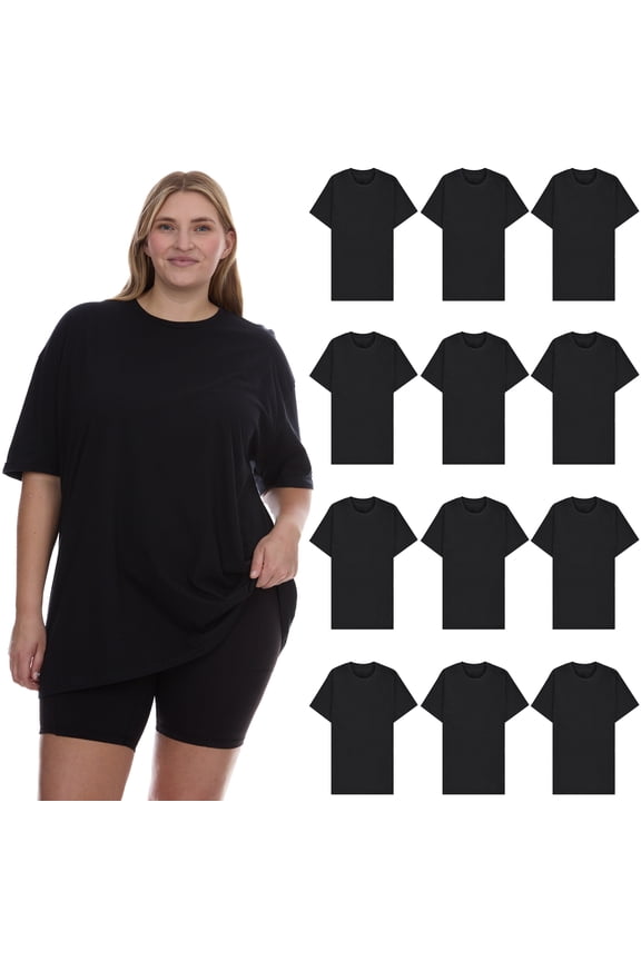 12 Pack Womens Oversized Cotton T-Shirts, Crew Neck Short Sleeve Baggy Loose Tops Oversize Tees Color Black, Size 4X-Large
