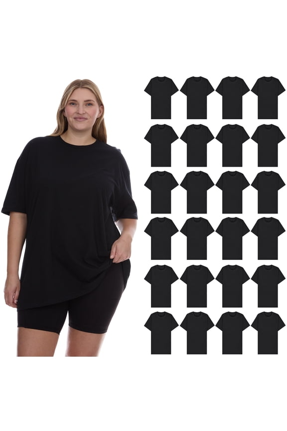 24 Pack Womens Oversized Cotton T-Shirts, Crew Neck Short Sleeve Baggy Loose Tops Oversize Tees Color Black, Size 5X-Large