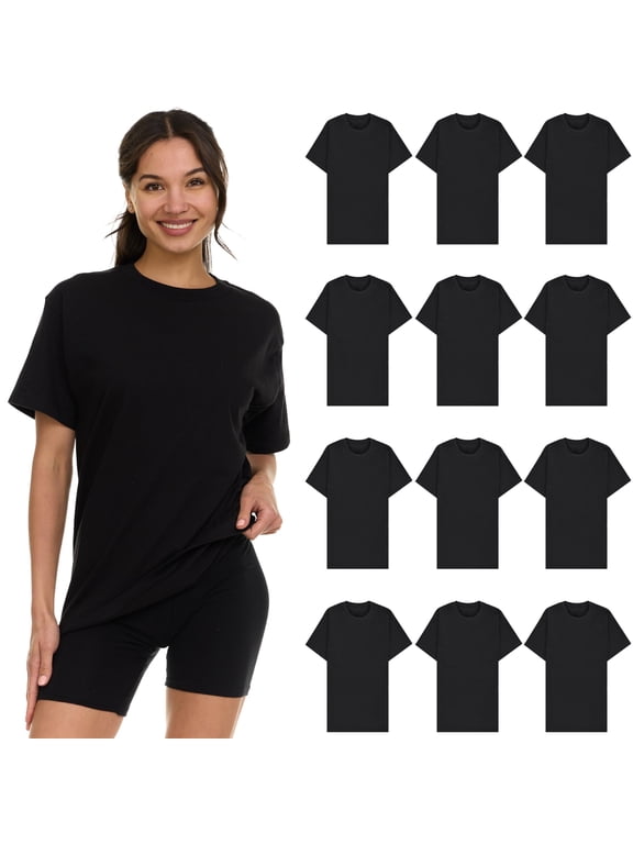 12 Pack Womens Oversized Cotton T-Shirts, Crew Neck Short Sleeve Baggy Loose Tops Oversize Tees Color Black, Size Medium