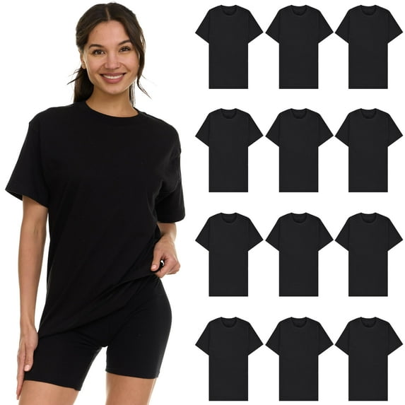 BILLIONHATS 12 Pack Womens Oversized Cotton T-Shirts, Crew Neck Short Sleeve Baggy Loose Tops Oversize Tees Color Black, Size Small