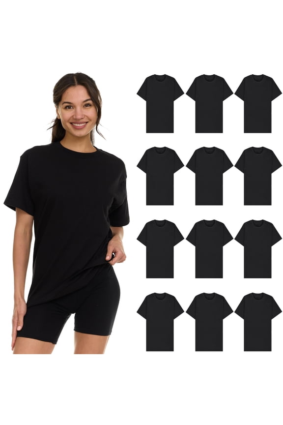 12 Pack Womens Oversized Cotton T-Shirts, Crew Neck Short Sleeve Baggy Loose Tops Oversize Tees Color Black, Size Small