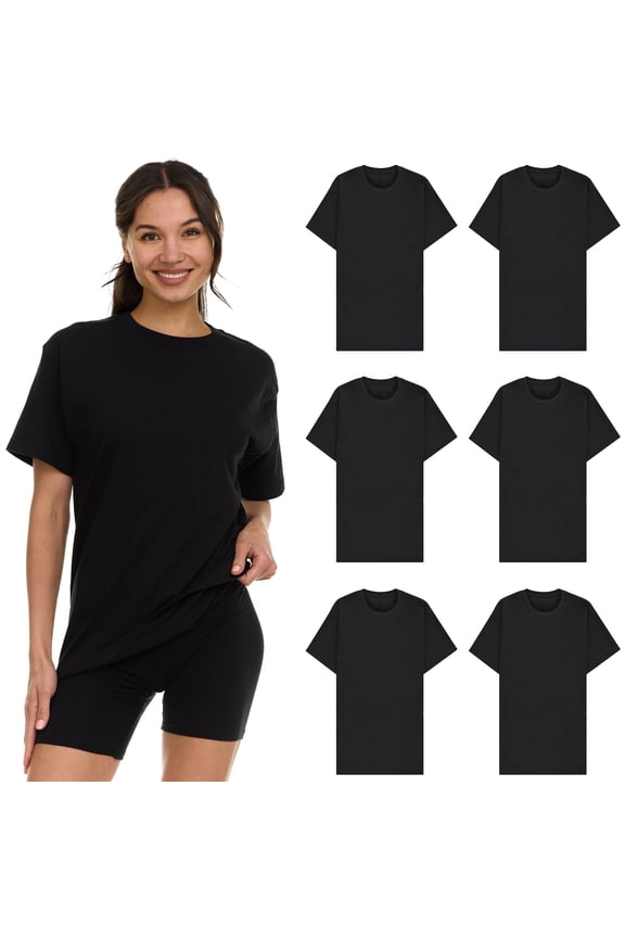 6 Pack Womens Oversized Cotton T-Shirts, Crew Neck Short Sleeve Baggy Loose Tops Oversize Tees Color Black, Size Small