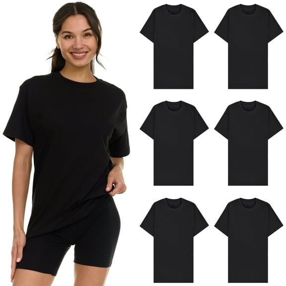 BILLIONHATS 6 Pack Womens Oversized Cotton T-Shirts, Crew Neck Short Sleeve Baggy Loose Tops Oversize Tees Color Black, Size Small