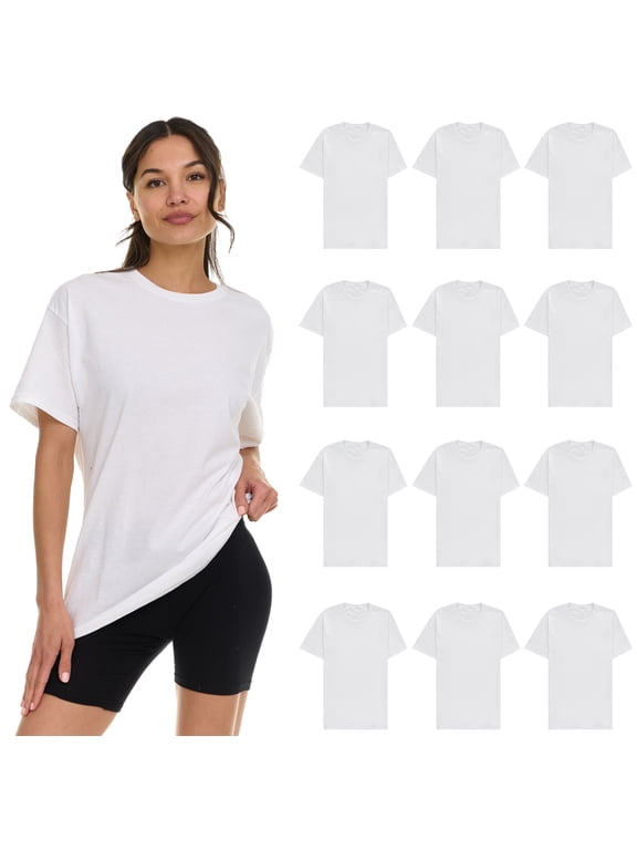 12 Pack Womens Oversized Cotton T-Shirts, Crew Neck Short Sleeve Baggy Loose Tops Oversize Tees Color White, Size Large